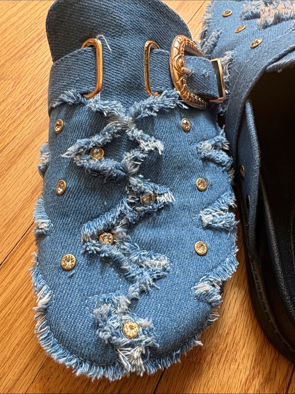 Frayed Denim Buckle Mules in Blue - Picture 3 of 3